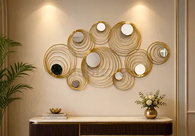 Modern Gold Circular Wall Mirror Decorative Sculpture - Set of Mirrors
