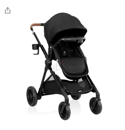 Lightweight black stroller with reclining seat and cup holder