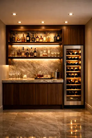 Built-in Wooden Home Bar with Marble Countertop