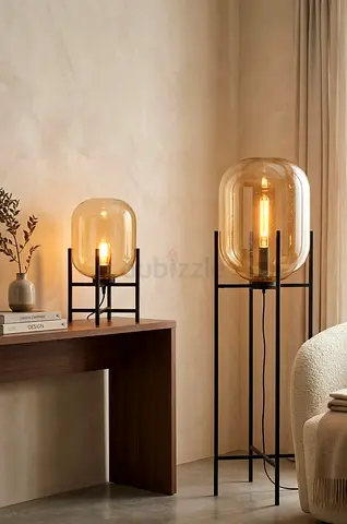Set of Modern Glass Globe Floor and Table Lamps on Black Metal Stands