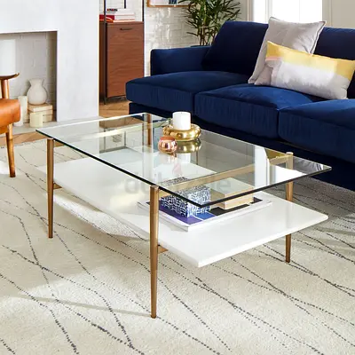 Glass Top Coffee Table with White Shelf and Brass Legs