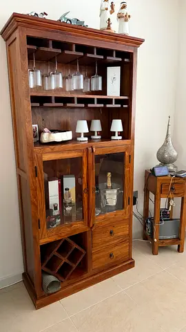 Solid Wood Wine & Bar Cabinet with Glass Doors and Drawers