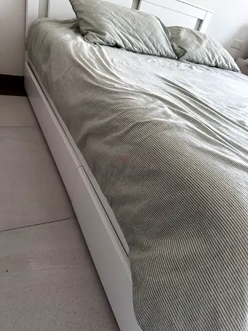 IKEA wood White bed frame with drawers — queen (good condition)