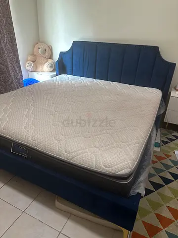 Blue Upholstered Bed Frame with 2 side tables with Comfortable Mattress