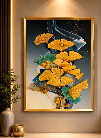 Framed Gold & Teal Ginkgo Leaf Wall Art Painting