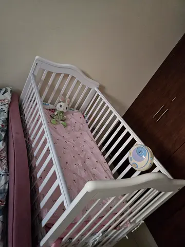 White wooden baby crib along with mattress - almost didn't use