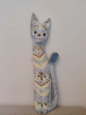 Light blue woden cat figure - art
