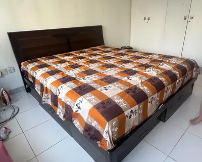 King size wooden storage bed with headboard and mattress - good condition
