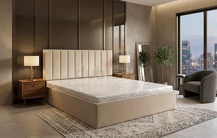 King size upholstered platform bed frame with headboard (beige) - brand new