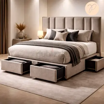 Modern Upholstered Bed with Under-Bed Storage Drawers