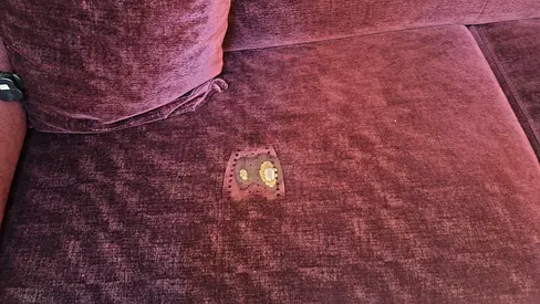 Used 3-seater velvet sofa — burgundy, small fabric tear (needs repair)