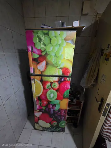 Used double-door refrigerator with fruit-themed vinyl wrap - working