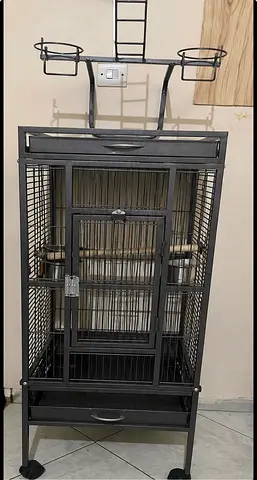 Large metal bird cage with play top and stand - good condition