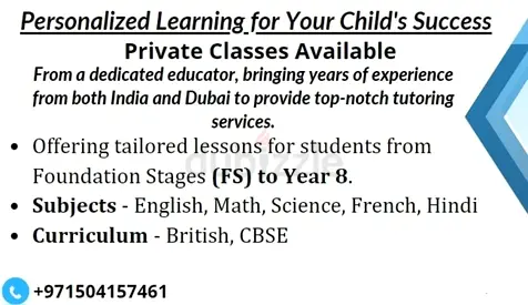 Private Tutoring - FS to Year 8 (English, Math, Science, French, Hindi) - British/CBSE