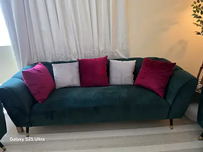 Dark Green velvet 3-piece sofa set 3+2+1 with cushions - good condition