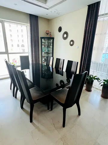 Solid Wood 8-Seater Glass Top Dining Table Set - with buffet table and wall mounted mirror
