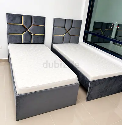 New Pair of Grey Velvet Single Beds with Headboards (2 x Single)