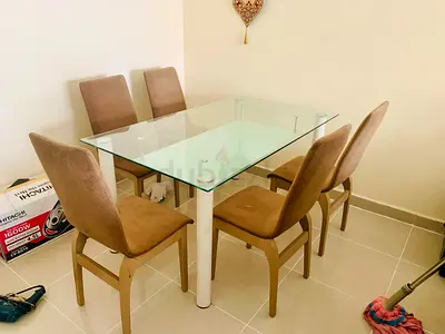 Glass Top Dining Table with 6 Fabric Chairs - Good Condition