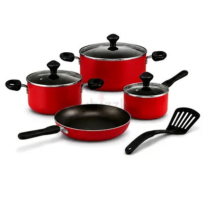 8-piece Red Non-stick Cookware Set with Lids and Spatula