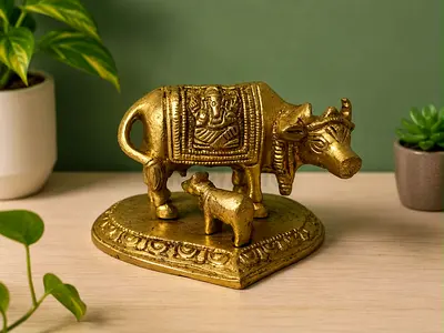 Brass Kamadhenu Cow & Calf Idol  Kamdhenu Statue  Vastu & Feng Shui Spiritual Home Decor