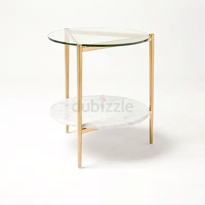Round Glass & Marble Side Table with Gold Frame