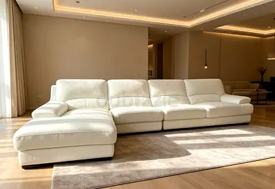 White Leather L-Shaped 4-Seater Sofa with Chaise - Good Condition