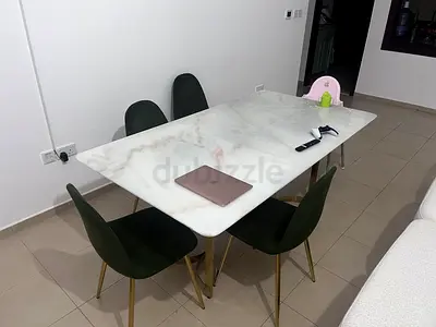 Marble Dining Table with 4 Green Velvet Chairs