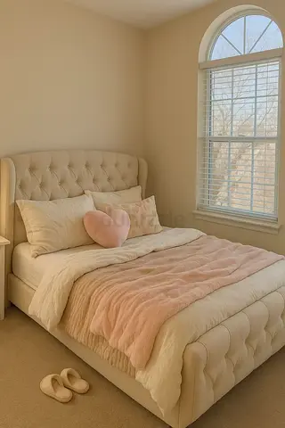 Beige Upholstered Tufted Bed Frame with Wingback Headboard