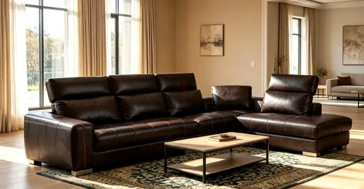 Dark brown leather L-shaped sectional sofa — right chaise, good condition