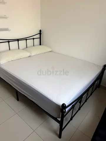 Black Metal Double Bed Frame with Slatted Headboard (Queen/Double). Including Mattress.