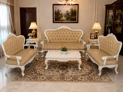 Classic white carved 3-piece living room set with coffee & side tables