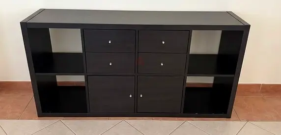 Black console storage unit with drawers and open shelves