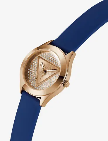 Rose gold women's fashion watch with blue silicone strap and crystal dial