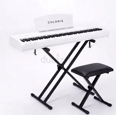 Chloris CDU 55 Digital Piano Elegant White Portable Bundle with Double-X Stand and Padded Bench