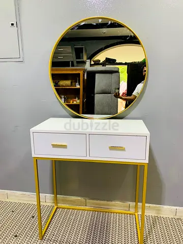 White Console Table with Gold Frame and Round Mirror - Modern Entry/Dressing Table