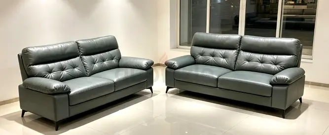 Pair of Grey Leather 3+2 Seater Sofas — Good Condition