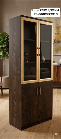 Tall Wooden Display Cabinet with Glass Doors - Dark Wood finish