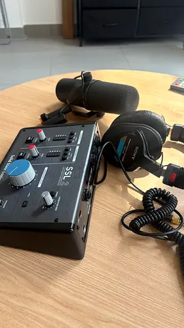 Audio interface bundle: SSL2+ with Rode-style mic and Sony headphones.