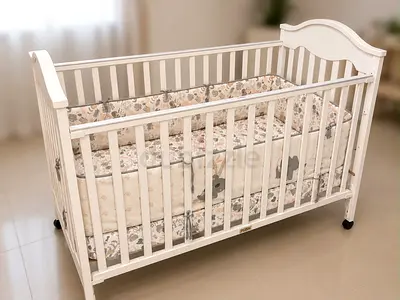 White wooden baby crib with mattress and bedding