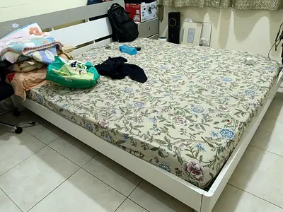 White wooden double bed frame with headboard - good condition