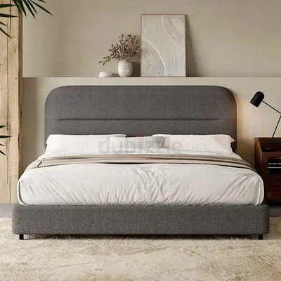 Modern Grey Upholstered Bed with Curved Headboard