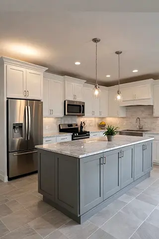 Modern kitchen island with marble countertop and storage