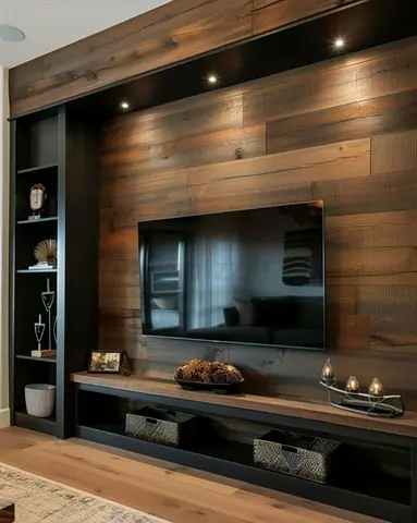 Wall-mounted TV Entertainment Unit with Built-in Shelving and Rustic Wood Finish