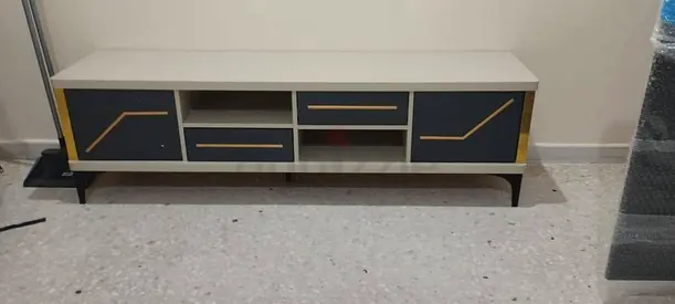 Low TV Entertainment Unit with Storage — White and Blue, Good Condition
