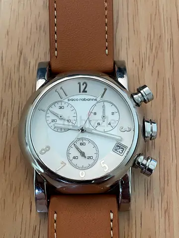 Paco Rabanne men's chronograph watch with tan leather strap