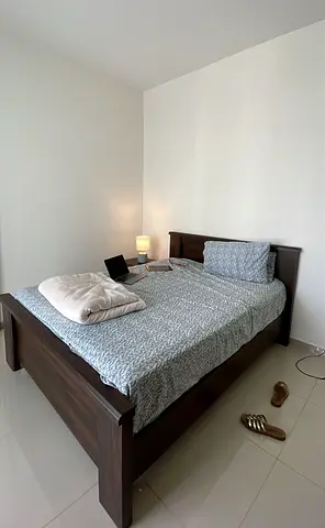 Queen sized bed + mattress + side table - used 2 months