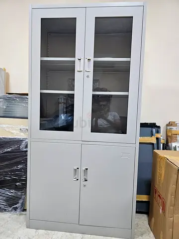 White Metal Storage Cabinets with Glass Doors - Set of 2
