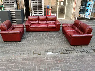 Genuine red leather 3-seater sofa + 2 single chairs set - sturdy used condition