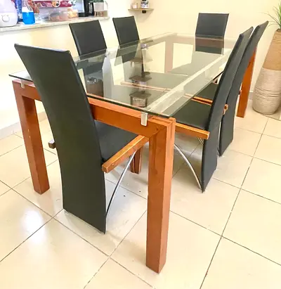 Wood & Glass 6-Seater Dining Table with Black High-Back Chairs