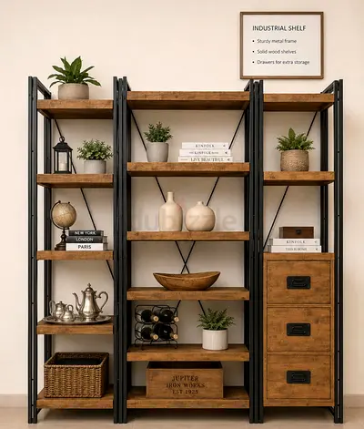 Industrial 3-Section Wood & Metal Shelving Unit with Drawers